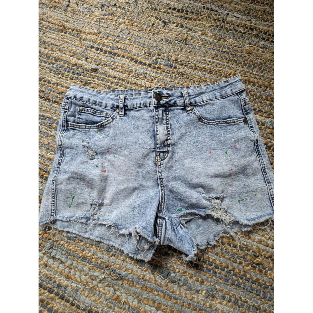 Light Wash High Rise Distressed Paint Splatter Denim Shorts 14 Y2K Festival Indi